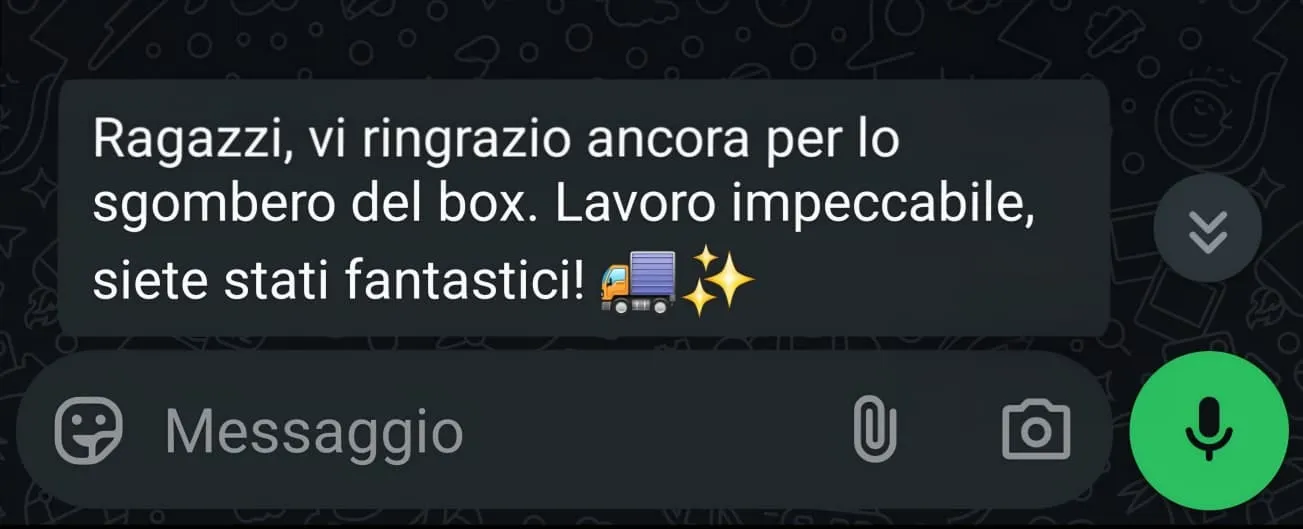 Screenshot chat complimento cliente trasloco riuscito