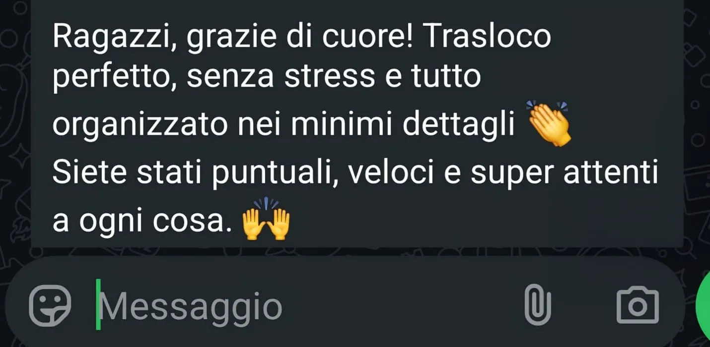 Screenshot chat cliente soddisfatto sgombero cantina